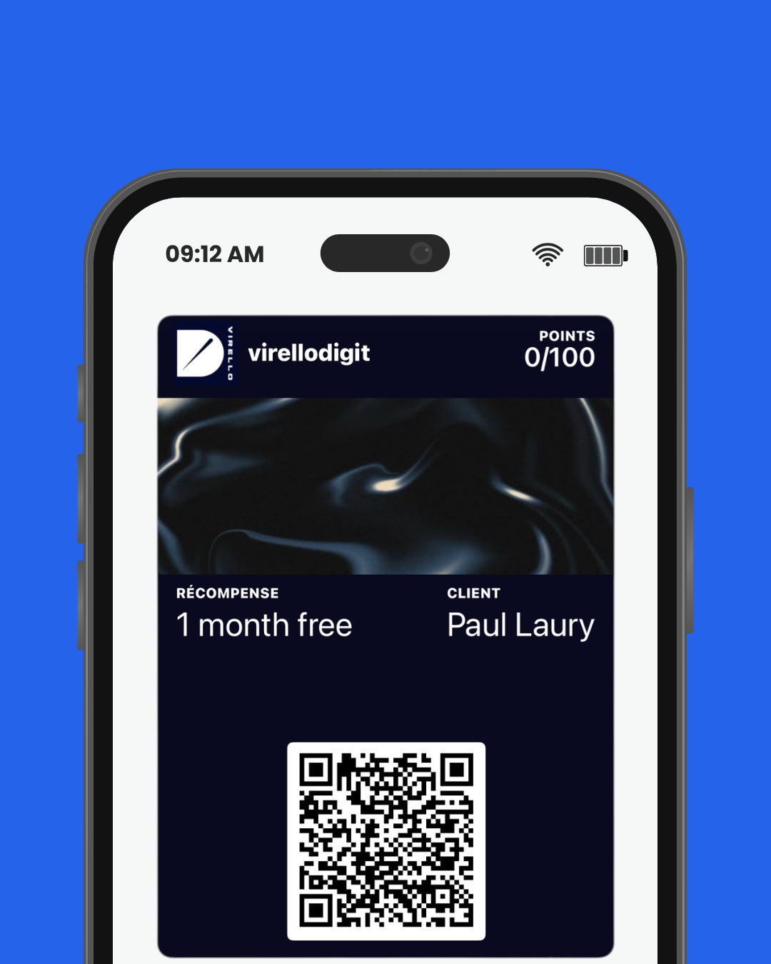 Carte de fidélité Virellodigit dans Apple Wallet sur iPhone — points, QR code et récompenses visibles directement sur l'écran de verrouillage